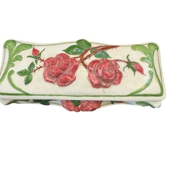 Hand-Painted Ceramic Jewelry Trinket Box With Pink Roses & Green Vines Design - Picture 2 of 12